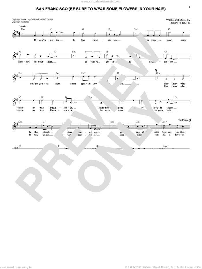 San Francisco (Be Sure To Wear Some Flowers In Your Hair) sheet music for voice and other instruments (fake book) by Scott McKenzie and John Phillips, intermediate skill level