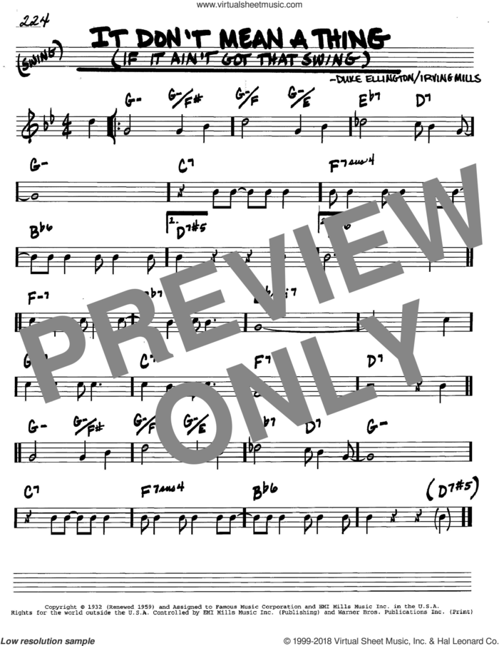 It Don't Mean A Thing (If It Ain't Got That Swing) sheet music for voice and other instruments (in C) by Duke Ellington and Irving Mills, intermediate skill level