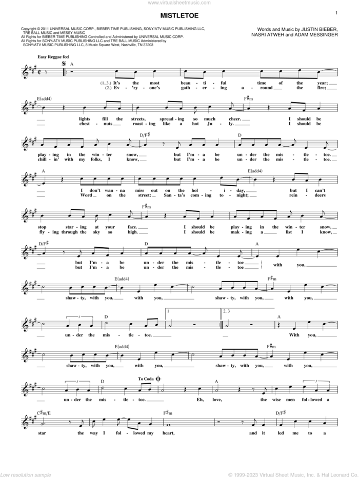 Mistletoe sheet music for voice and other instruments (fake book) by Justin Bieber, Adam Messinger and Nasri Atweh, intermediate skill level