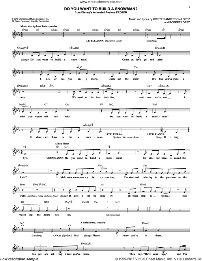 Do You Want To Build A Snowman? (from Frozen) sheet music for voice and other instruments (fake book) by Kristen Bell, Agatha Lee Monn & Katie Lopez, Kristen Anderson-Lopez and Robert Lopez, intermediate skill level