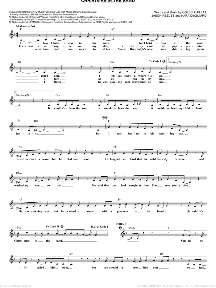 Christmas In The Sand sheet music for voice and other instruments (fake book) by Jason Reeves, Colbie Caillat and Kara DioGuardi, intermediate skill level