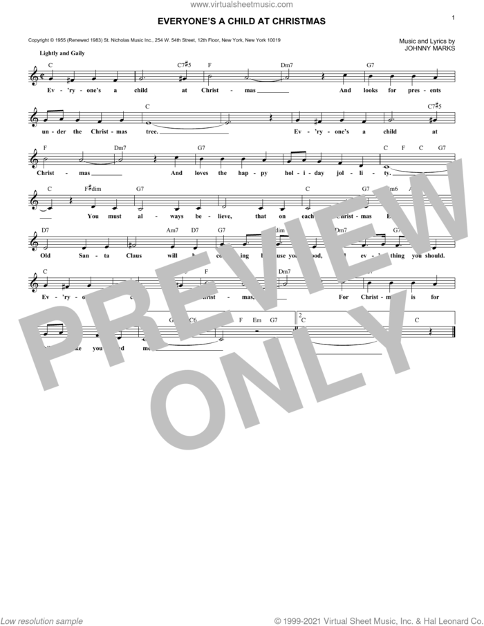 Everyone's A Child At Christmas sheet music for voice and other instruments (fake book) by Johnny Marks, intermediate skill level