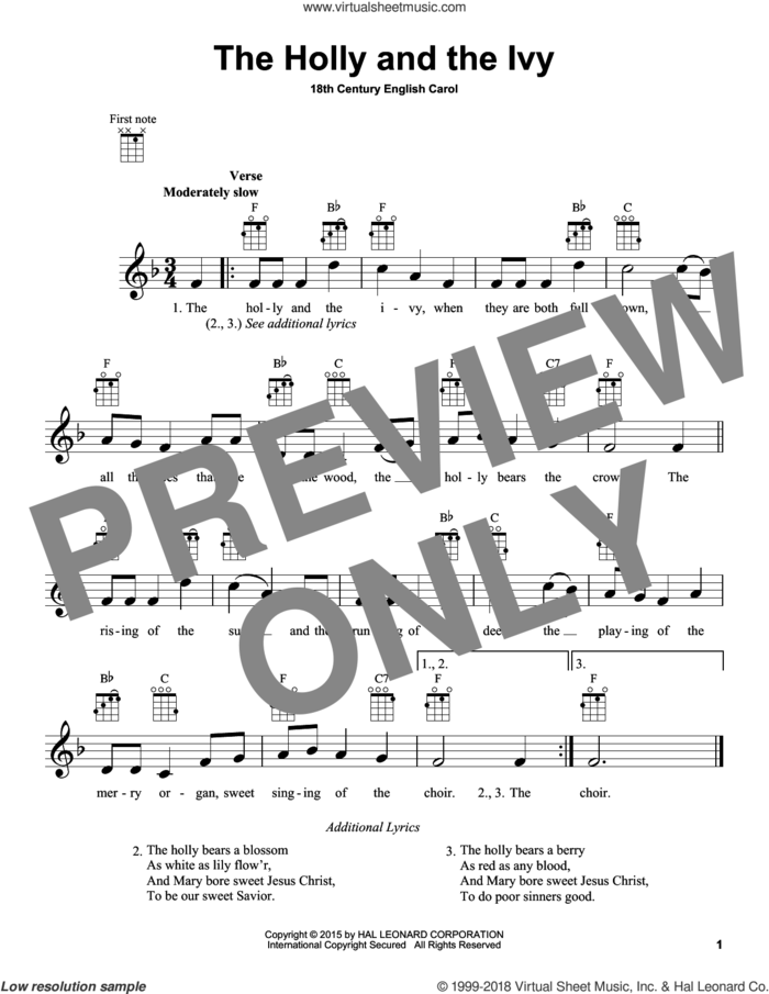 The Holly And The Ivy sheet music for ukulele by Anonymous and Miscellaneous, intermediate skill level