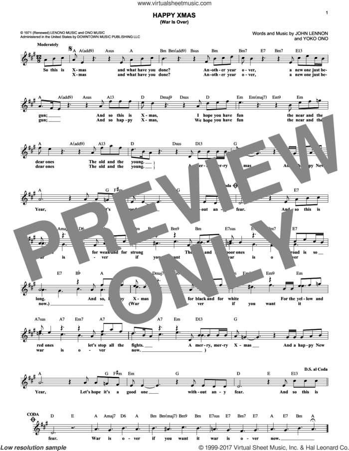 Happy Xmas (War Is Over) sheet music for voice and other instruments (fake book) by John Lennon, Sarah McLachlan and Yoko Ono, intermediate skill level