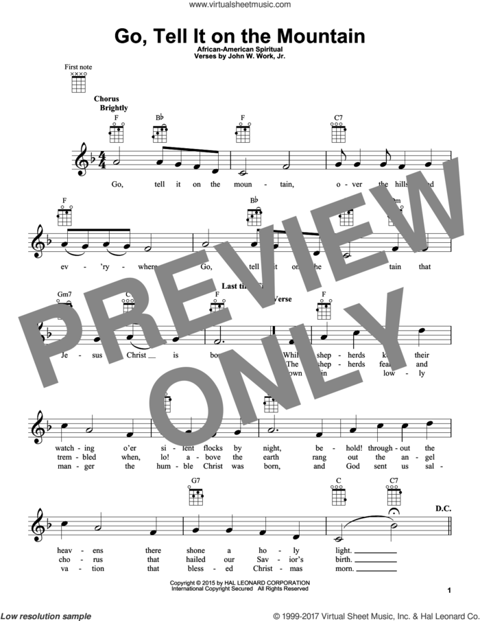 Go, Tell It On The Mountain sheet music for ukulele by John W. Work, Jr. and Miscellaneous, intermediate skill level