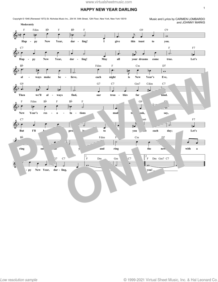 Happy New Year Darling sheet music for voice and other instruments (fake book) by Johnny Marks and Carmen Lombardo, intermediate skill level