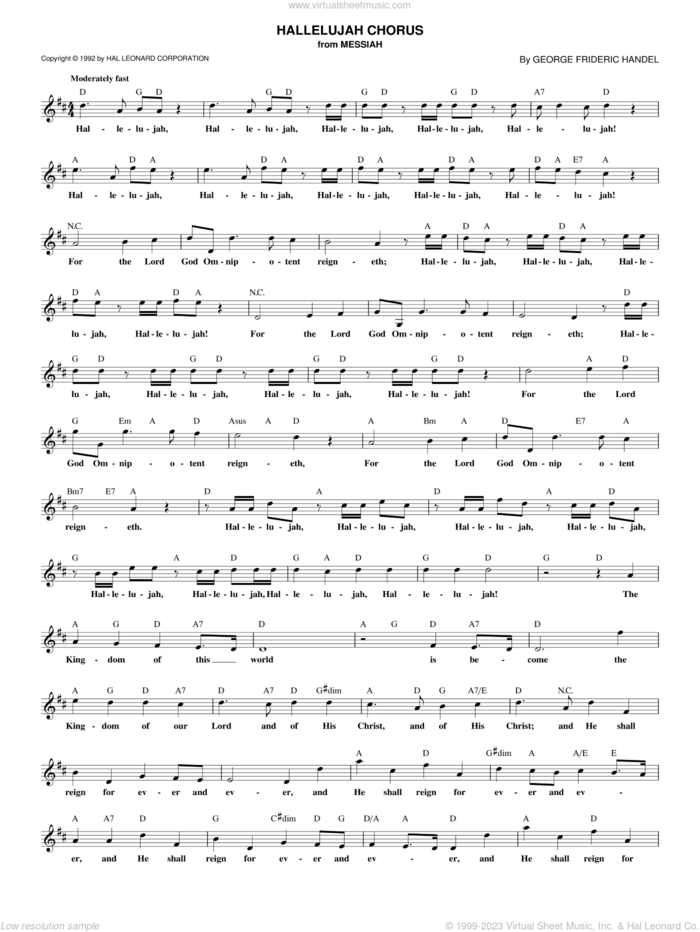Hallelujah Chorus sheet music for voice and other instruments (fake book) by George Frideric Handel, intermediate skill level