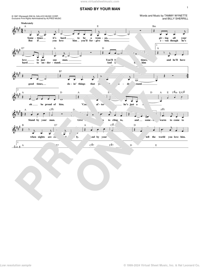 Stand By Your Man sheet music for voice and other instruments (fake book) by Tammy Wynette and Billy Sherrill, intermediate skill level