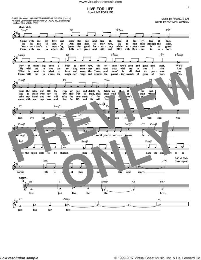 Live For Life sheet music for voice and other instruments (fake book) by Francis Lai and Norman Gimbel, intermediate skill level