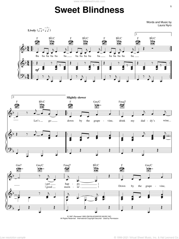 Sweet Blindness sheet music for voice, piano or guitar by Laura Nyro, intermediate skill level