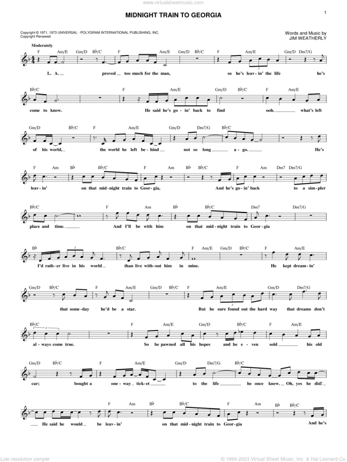 Midnight Train To Georgia sheet music for voice and other instruments (fake book) by Gladys Knight & The Pips and Jim Weatherly, intermediate skill level