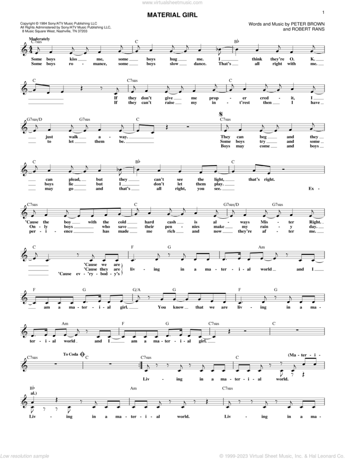 Material Girl sheet music for voice and other instruments (fake book) by Madonna, Pete Brown and Robert Rans, intermediate skill level