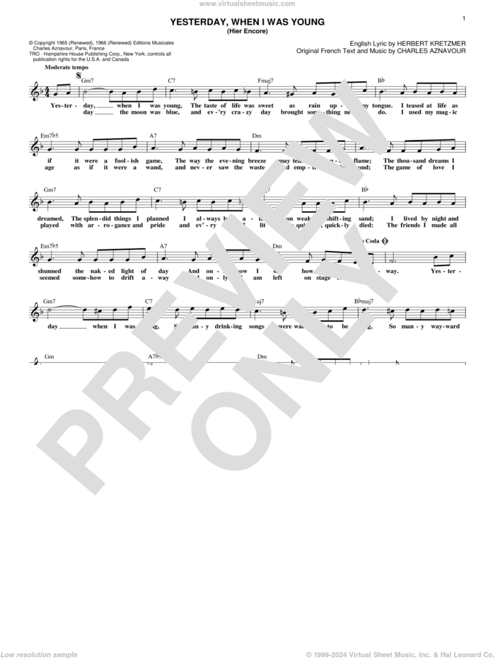 Yesterday, When I Was Young (Hier Encore) sheet music for voice and other instruments (fake book) by Roy Clark, Charles Aznavour and Herbert Kretzmer, intermediate skill level