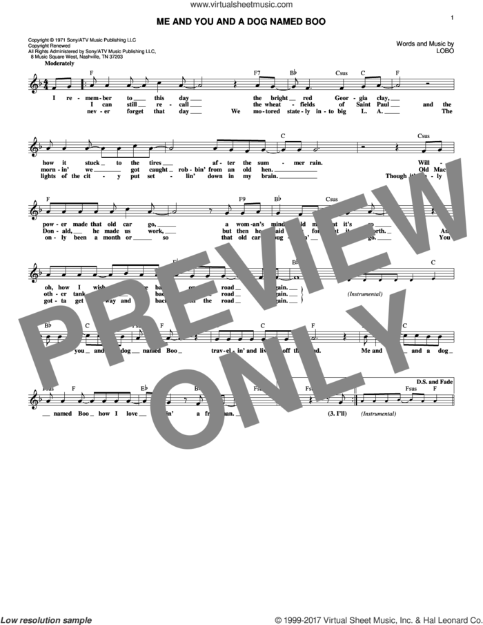 Me And You And A Dog Named Boo sheet music for voice and other instruments (fake book) by Lobo, intermediate skill level