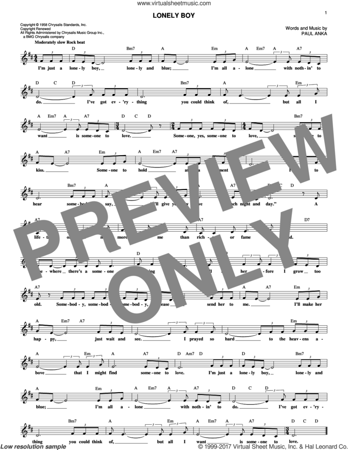 Lonely Boy sheet music for voice and other instruments (fake book) by Paul Anka, intermediate skill level