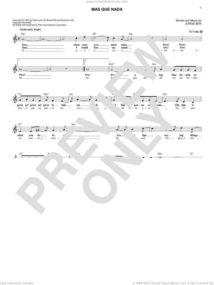 Mas Que Nada sheet music for voice and other instruments (fake book) by Sergio Mendes and Jorge Ben, intermediate skill level