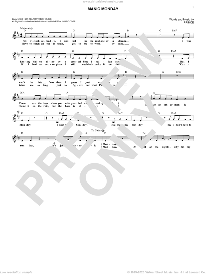 Manic Monday sheet music for voice and other instruments (fake book) by Prince and The Bangles, intermediate skill level