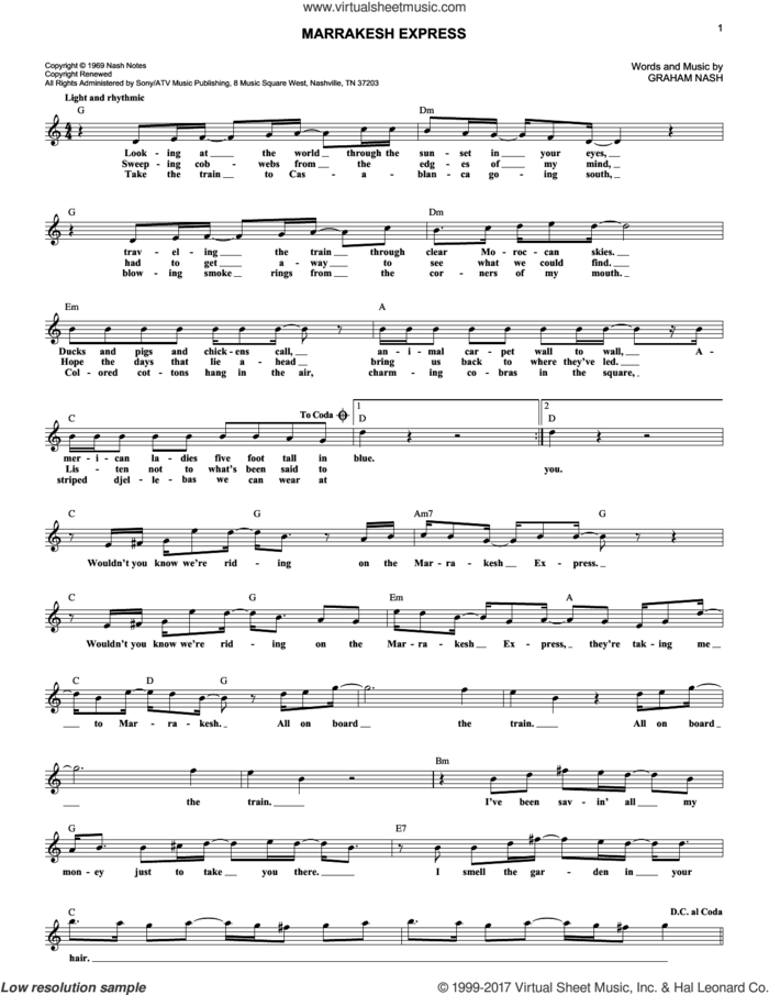 Marrakesh Express sheet music for voice and other instruments (fake book) by Crosby, Stills & Nash and Graham Nash, intermediate skill level