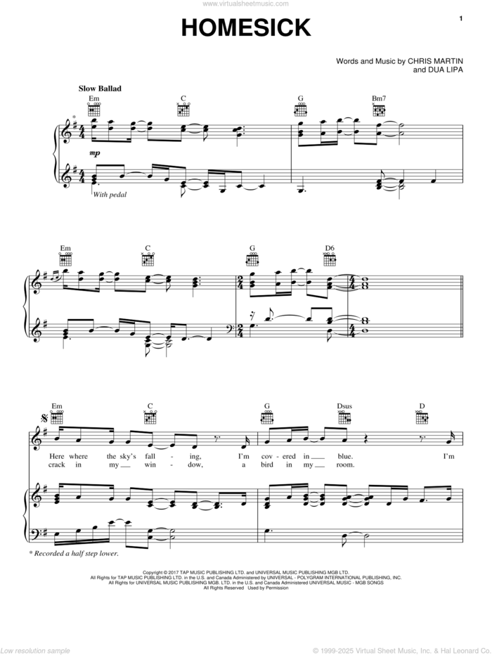 Homesick sheet music for voice, piano or guitar by Dua Lipa feat. Chris Martin, Chris Martin and Dua Lipa, intermediate skill level