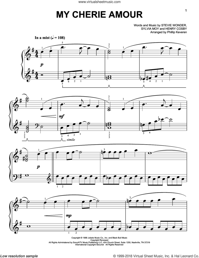 My Cherie Amour [Classical version] (arr. Phillip Keveren) sheet music for piano solo by Stevie Wonder, Phillip Keveren, Henry Cosby and Sylvia Moy, easy skill level