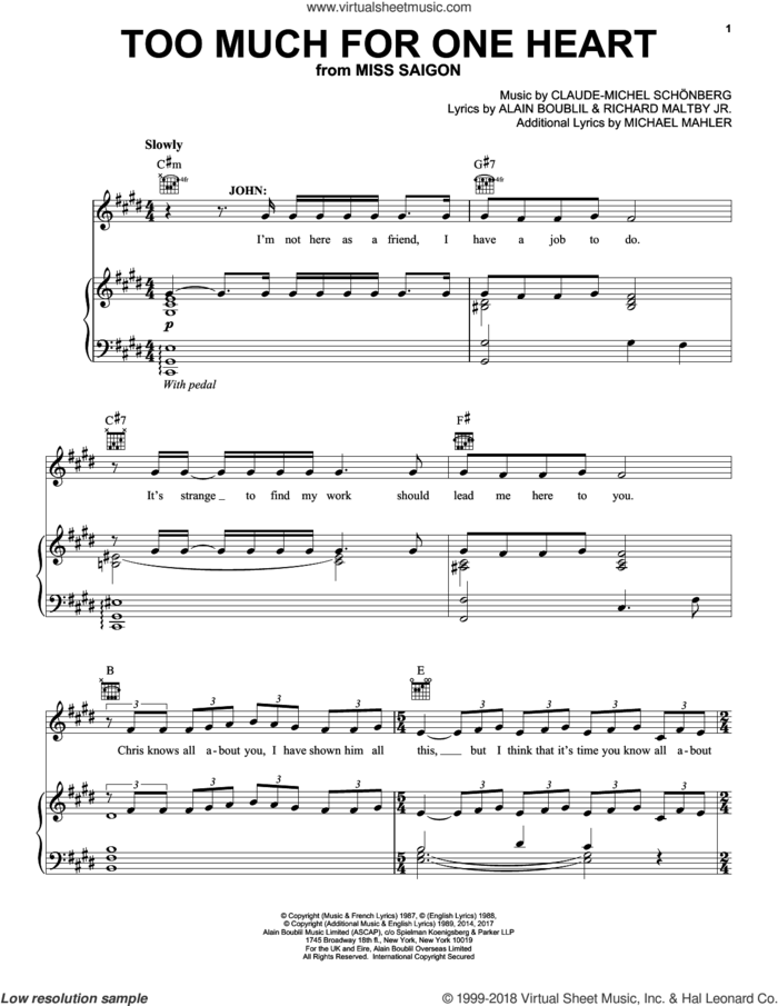 Too Much For One Heart (from Miss Saigon) sheet music for voice, piano or guitar by Claude-Michel Schonberg, Alain Boublil, Boublil and Schonberg, Claude-Michel Schonberg, Michael Mahler and Richard Maltby, Jr., intermediate skill level