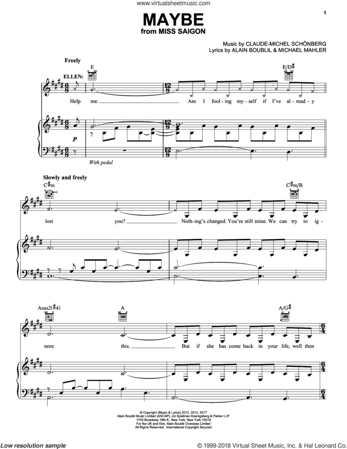 Maybe (from Miss Saigon) sheet music for voice, piano or guitar by Claude-Michel Schonberg, Alain Boublil, Boublil and Schonberg, Claude-Michel Schonberg and Michael Mahler, intermediate skill level