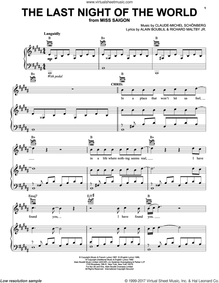 The Last Night Of The World (from Miss Saigon) sheet music for voice, piano or guitar by Claude-Michel Schonberg, Alain Boublil, Boublil and Schonberg, Claude-Michel Schonberg and Richard Maltby, Jr., intermediate skill level