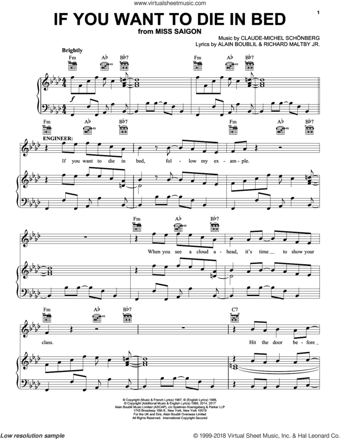 If You Want To Die In Bed (from Miss Saigon) sheet music for voice, piano or guitar by Claude-Michel Schonberg, Alain Boublil, Boublil and Schonberg, Claude-Michel Schonberg and Richard Maltby, Jr., intermediate skill level