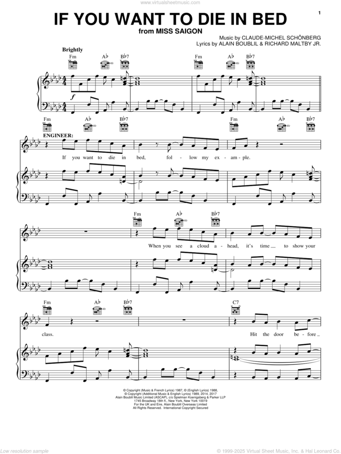 If You Want To Die In Bed (from Miss Saigon) sheet music for voice, piano or guitar by Claude-Michel Schonberg, Alain Boublil, Boublil and Schonberg, Claude-Michel Schonberg and Richard Maltby, Jr., intermediate skill level