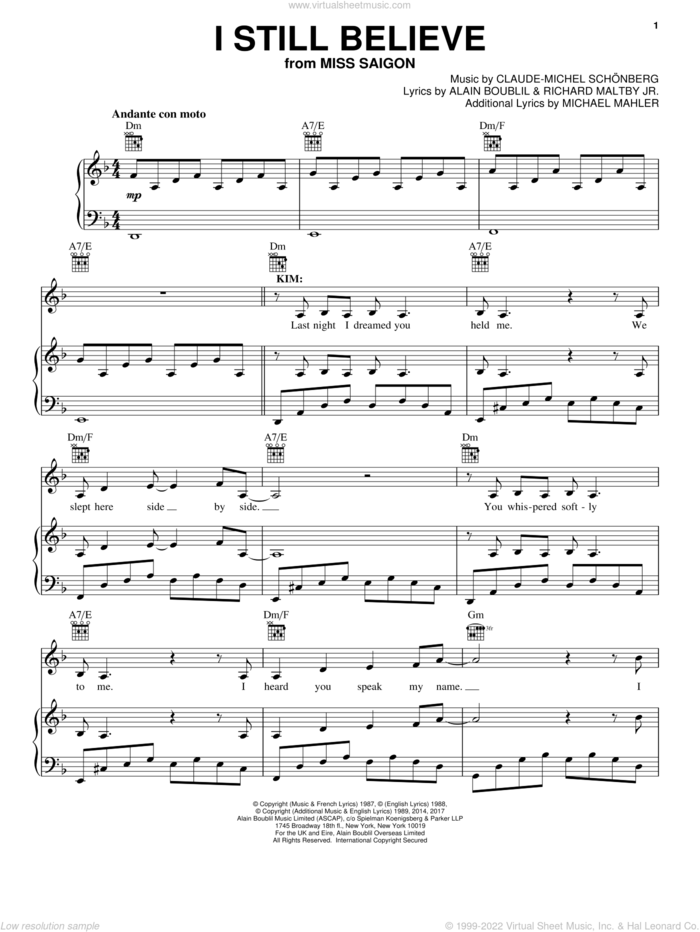 I Still Believe (from Miss Saigon) sheet music for voice, piano or guitar by Claude-Michel Schonberg, Alain Boublil, Boublil and Schonberg, Claude-Michel Schonberg, Michael Mahler and Richard Maltby, Jr., intermediate skill level