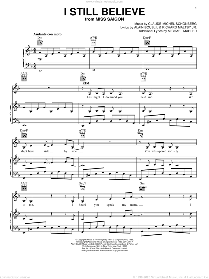 I Still Believe (from Miss Saigon) sheet music for voice, piano or guitar by Claude-Michel Schonberg, Alain Boublil, Boublil and Schonberg, Claude-Michel Schonberg, Michael Mahler and Richard Maltby, Jr., intermediate skill level