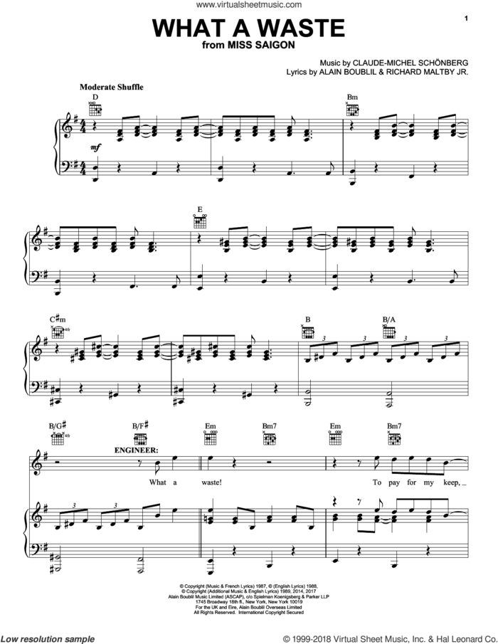 What A Waste (from Miss Saigon) sheet music for voice, piano or guitar by Claude-Michel Schonberg, Alain Boublil, Boublil and Schonberg, Claude-Michel Schonberg and Richard Maltby, Jr., intermediate skill level