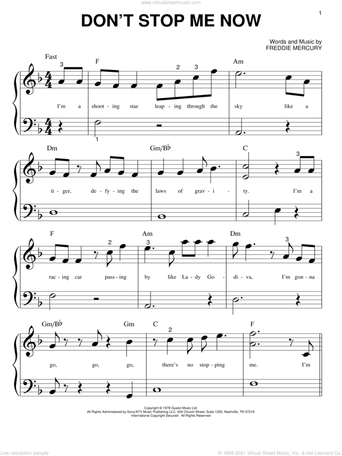 Don't Stop Me Now sheet music for piano solo (big note book) by Queen and Freddie Mercury, easy piano (big note book)