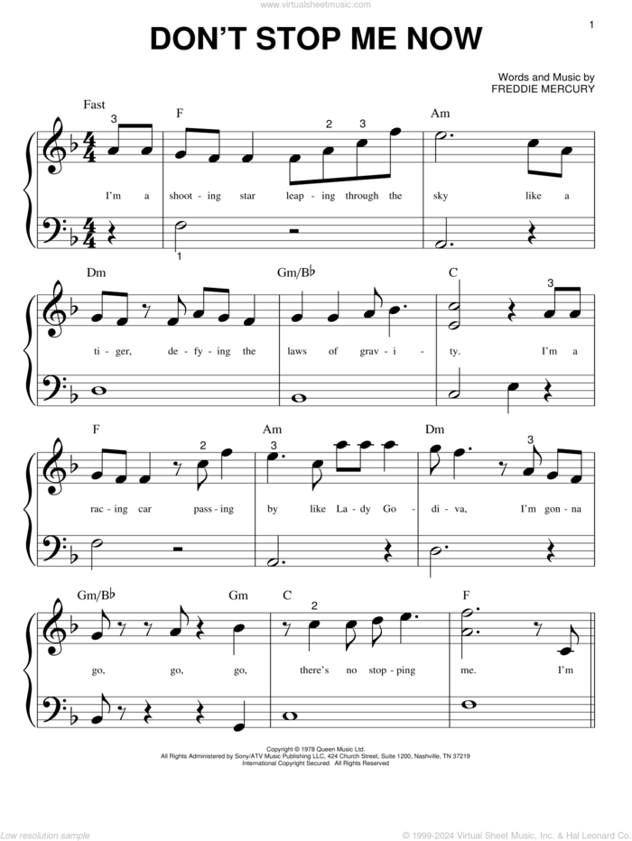 Don't Stop Me Now sheet music for piano solo (big note book) by Queen and Freddie Mercury, easy piano (big note book)