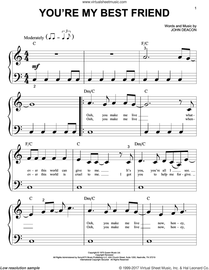 You're My Best Friend sheet music for piano solo (big note book) by Queen and John Deacon, easy piano (big note book)