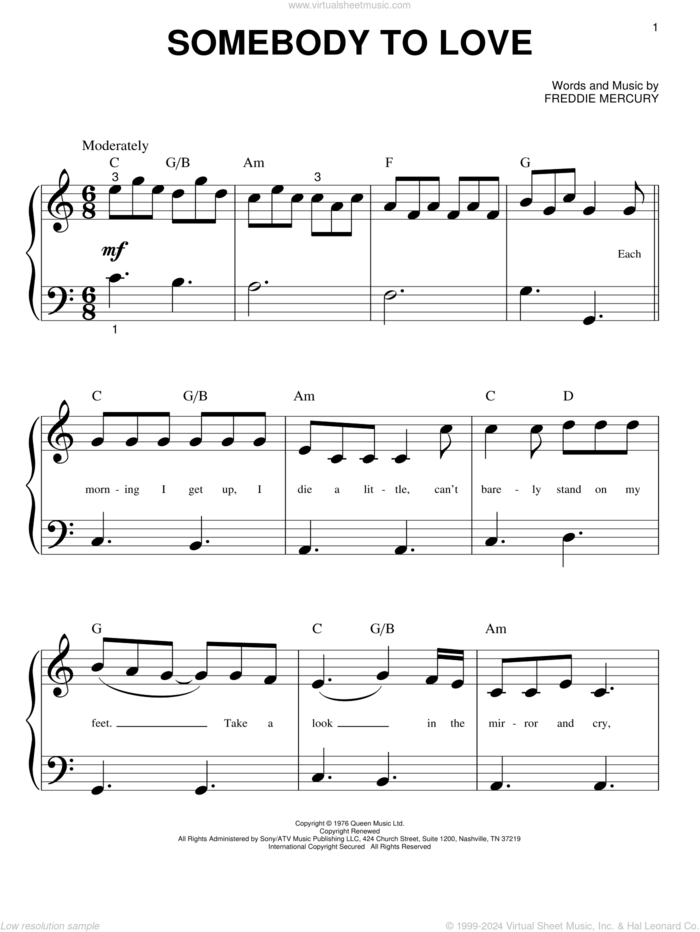 Somebody To Love sheet music for piano solo (big note book) by Queen and Freddie Mercury, easy piano (big note book)