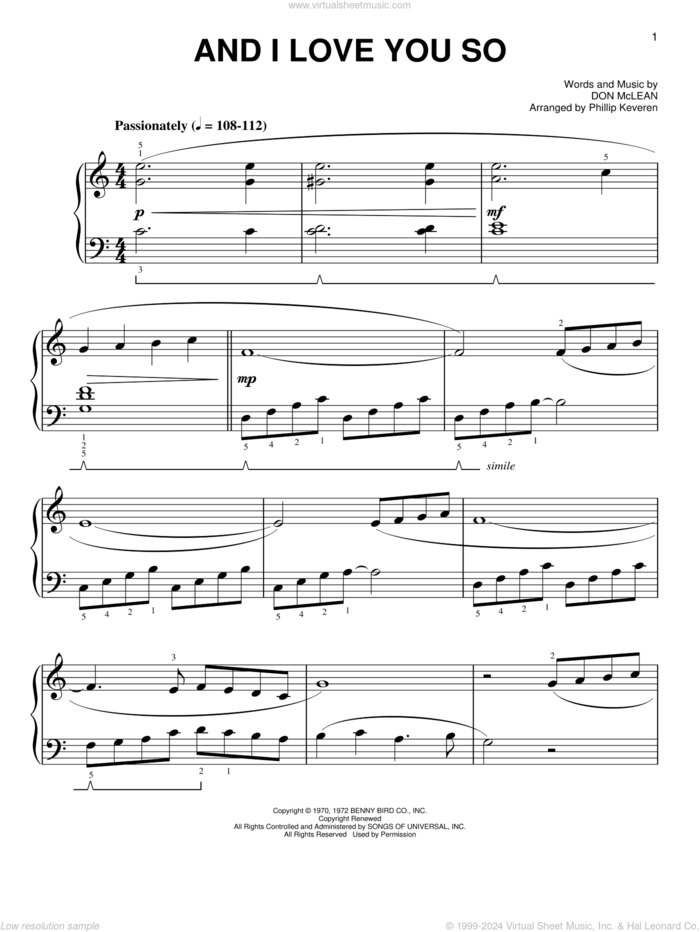 And I Love You So [Classical version] (arr. Phillip Keveren) sheet music for piano solo by Don McLean, Phillip Keveren, Bobby Goldsboro and Perry Como, easy skill level