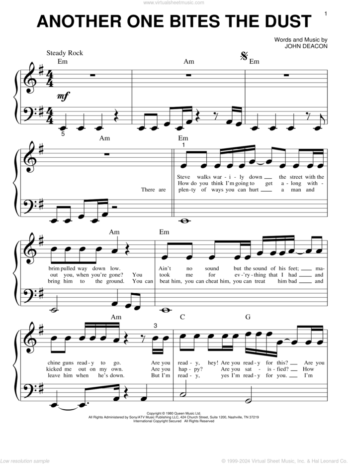 Another One Bites The Dust sheet music for piano solo (big note book) by Queen and John Deacon, easy piano (big note book)