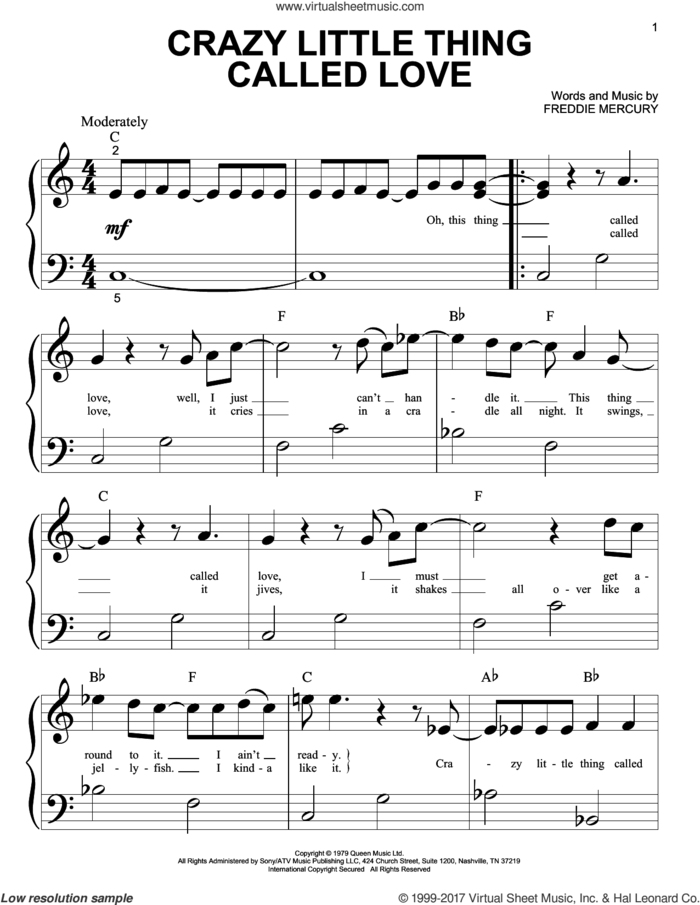 Crazy Little Thing Called Love sheet music for piano solo (big note book) by Queen and Freddie Mercury, easy piano (big note book)