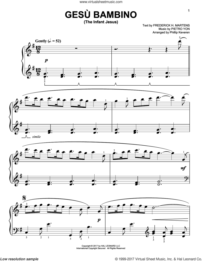 Gesu Bambino (The Infant Jesus) [Classical version] (arr. Phillip Keveren) sheet music for piano solo by Pietro Yon, Phillip Keveren and Frederick H. Martens, easy skill level