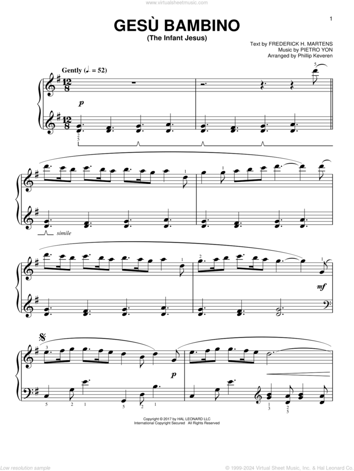 Gesu Bambino (The Infant Jesus) [Classical version] (arr. Phillip Keveren) sheet music for piano solo by Pietro Yon, Phillip Keveren and Frederick H. Martens, easy skill level