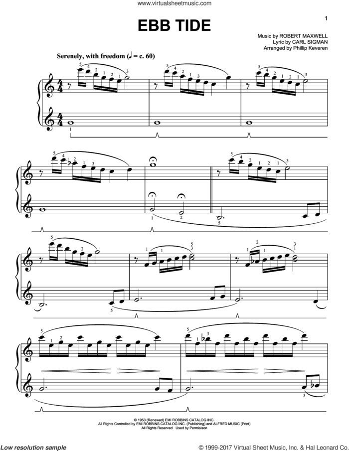 Ebb Tide [Classical version] (arr. Phillip Keveren) sheet music for piano solo by Carl Sigman, Phillip Keveren, The Righteous Brothers and Robert Maxwell, easy skill level