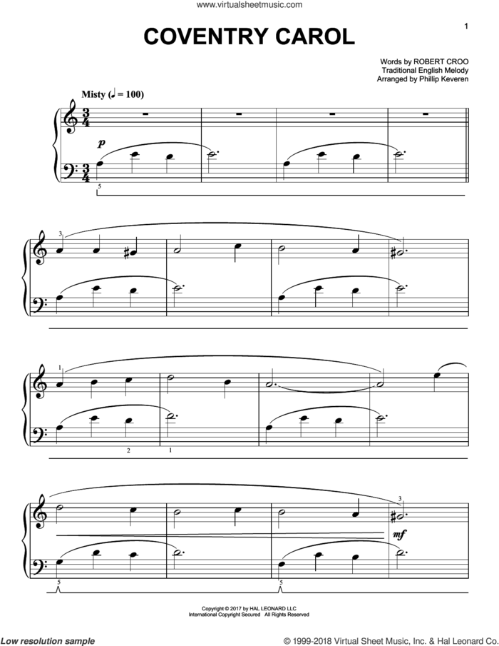 Coventry Carol [Classical version] (arr. Phillip Keveren) sheet music for piano solo by Phillip Keveren, Miscellaneous and Robert Croo, easy skill level