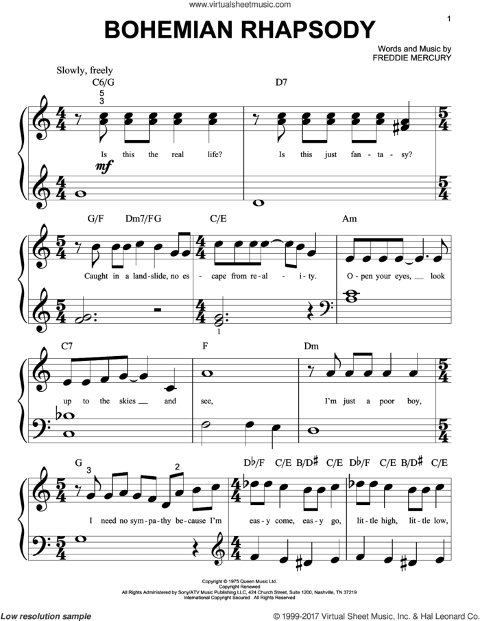 Bohemian Rhapsody sheet music for piano solo (big note book) by Queen, The Braids and Freddie Mercury, easy piano (big note book)
