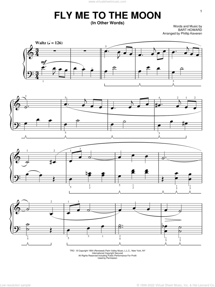 Fly Me To The Moon (In Other Words) [Classical version] (arr. Phillip Keveren) sheet music for piano solo by Bart Howard, Phillip Keveren and Tony Bennett, wedding score, easy skill level