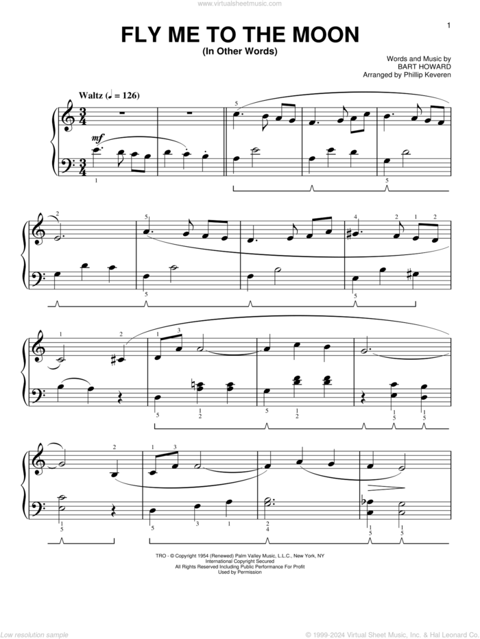 Fly Me To The Moon (In Other Words) [Classical version] (arr. Phillip Keveren) sheet music for piano solo by Bart Howard, Phillip Keveren and Tony Bennett, wedding score, easy skill level