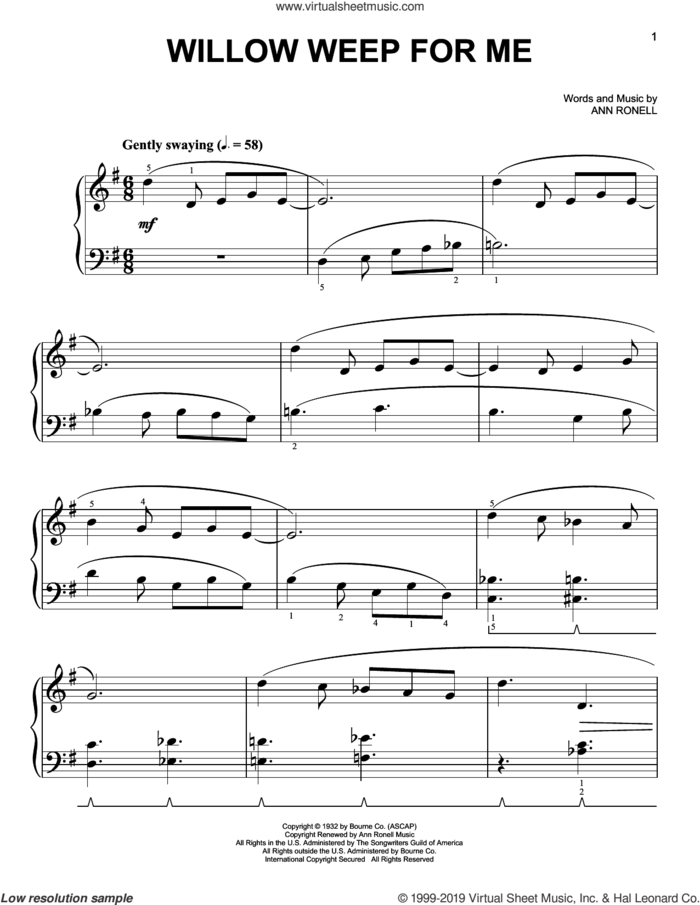 Willow Weep For Me [Classical version] (arr. Phillip Keveren) sheet music for piano solo by Ann Ronell, Phillip Keveren and Chad & Jeremy, easy skill level