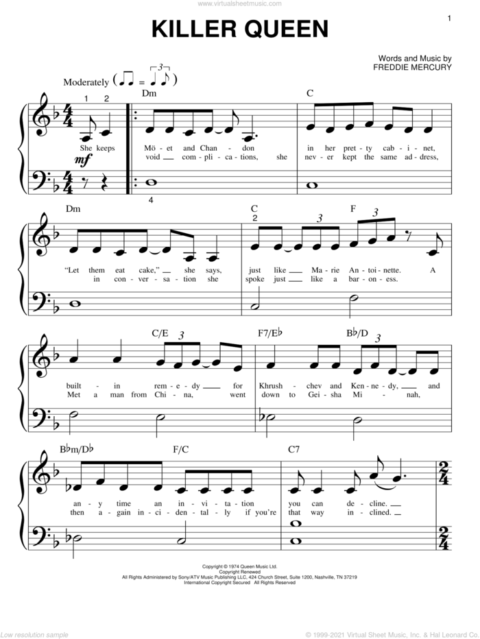 Killer Queen sheet music for piano solo (big note book) by Queen and Freddie Mercury, easy piano (big note book)