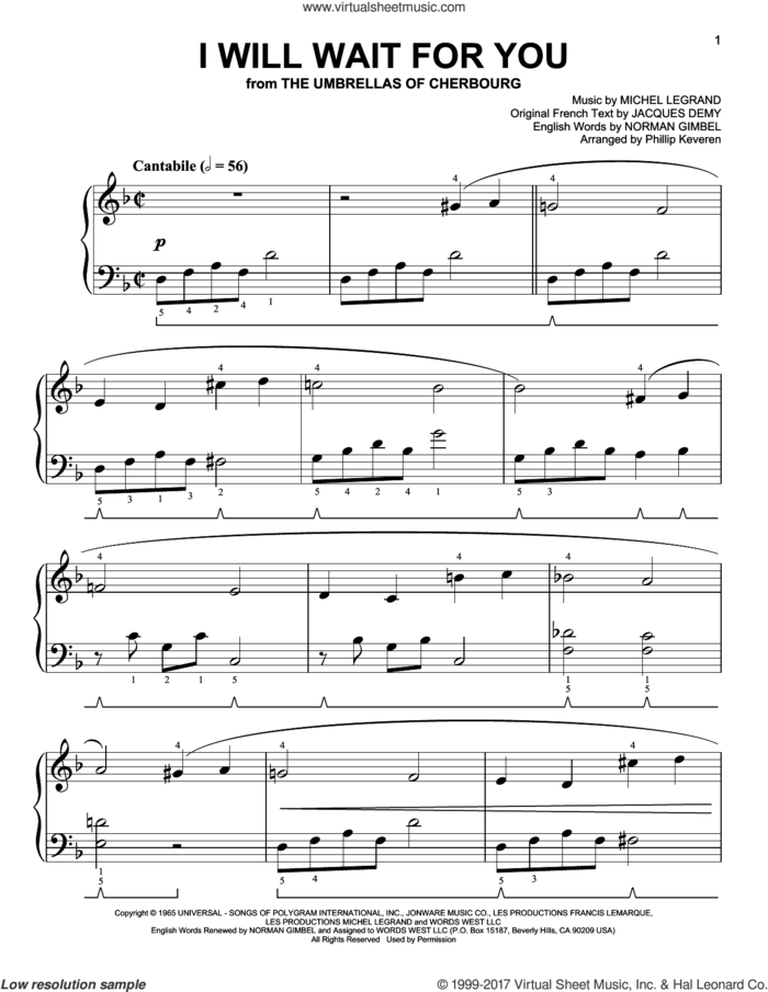 I Will Wait For You [Classical version] (arr. Phillip Keveren) sheet music for piano solo by Norman Gimbel, Phillip Keveren, Jacques Demy and Michel Legrand, easy skill level