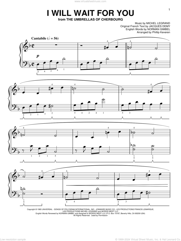 I Will Wait For You [Classical version] (arr. Phillip Keveren) sheet music for piano solo by Norman Gimbel, Phillip Keveren, Jacques Demy and Michel Legrand, easy skill level